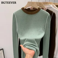 BGTEEVER Chic Vintage Long Sleevle O-neck Ladies Patchwork Sweaters Tops Autumn Winter Casual Loose Female Knitted T-shirts