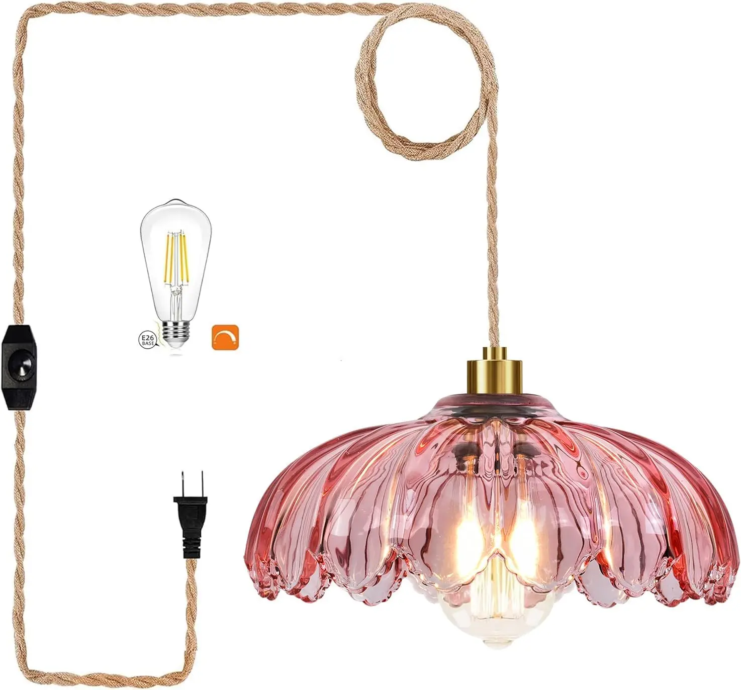 

Pink Plug in Pendant Light with Dimmable Glass Shade Boho Hanging Lamp Gold Mid Century Modern for Living Room
