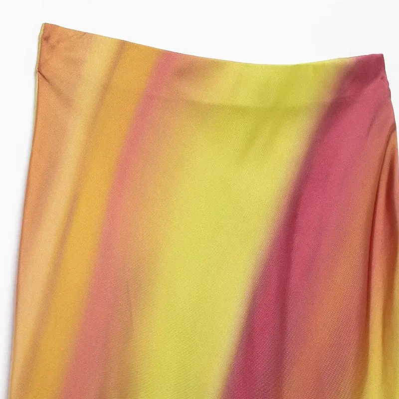 TRAF-Saia Longa para Tie Dye Feminina, Saias de Cetim, Linha A, Estampada, Luxo, Elegante, Verão, 2024