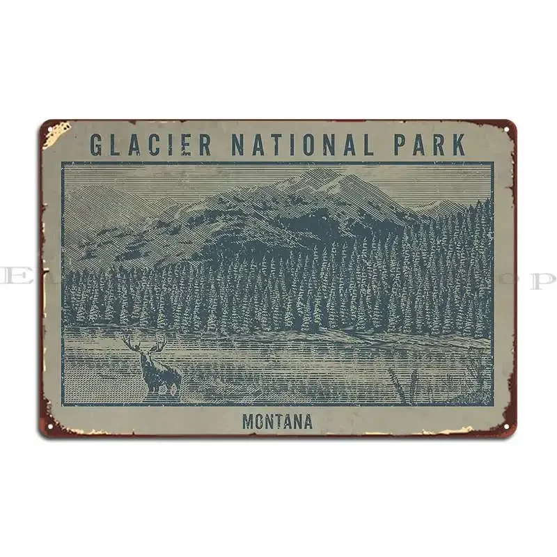 Panneau métallique rétro du Parc National Glacier Moose Lake, décoration murale de garage, affiche en étain de designer de cinéma