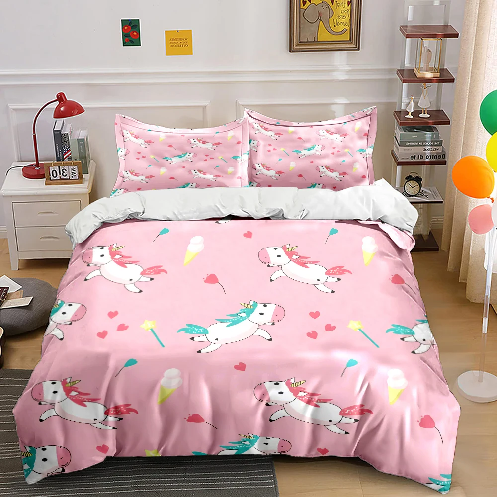 Pink background with fairy unicorn Print Bedding Set 1 Duvet Cover 2 Pillowcases for Adult and Children Luxury Gift Full Size