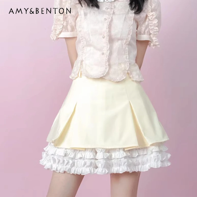 

Original Design Sweet Cute Women's Short Skirt 2026 Summer New Japanese Delicate Lace Splicing Versatile Pleated Skirts Ladies