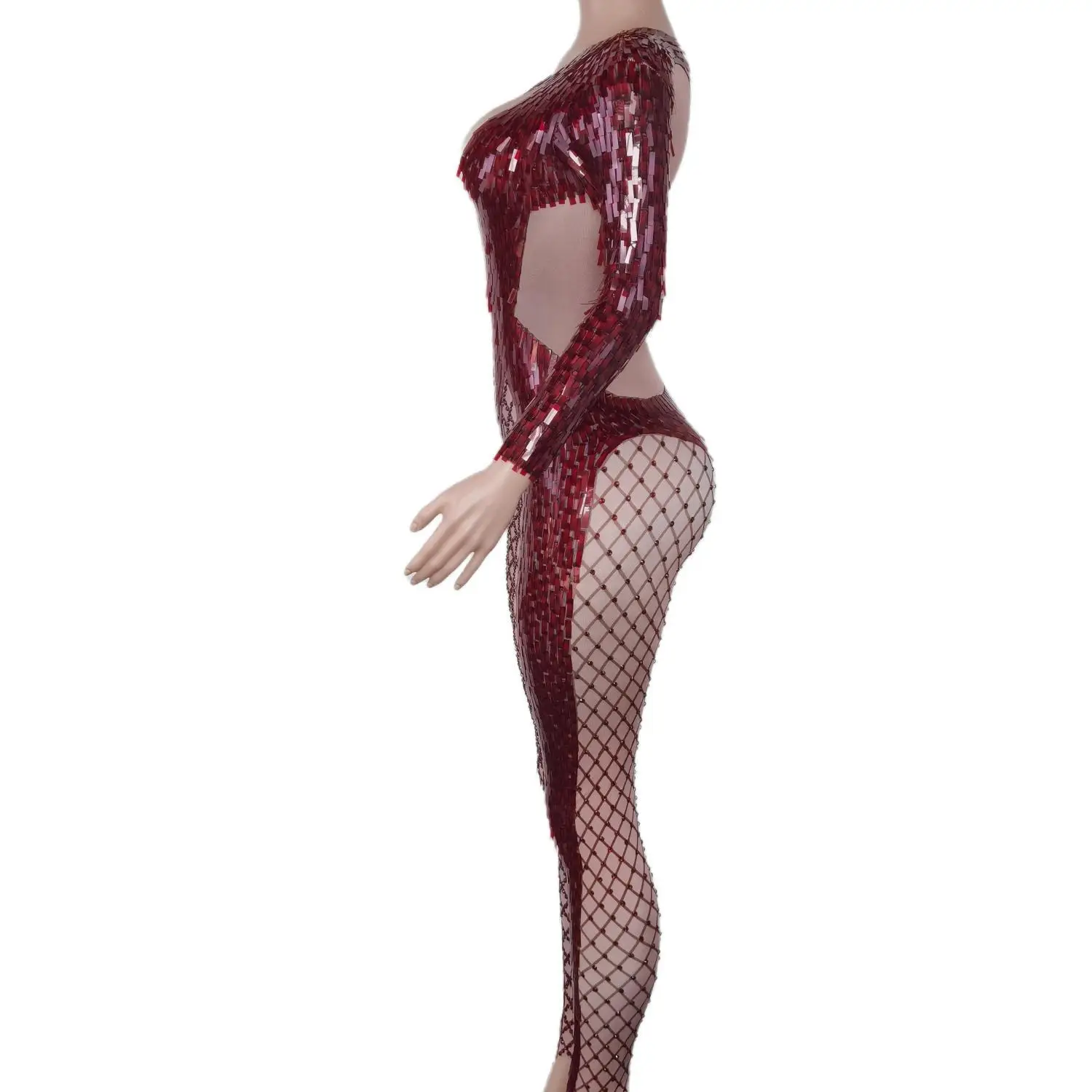 Shiny Sequin Red Fishnet Jumpsuit Headwear Sets Sexy Women Birthday Celebration Party Outfits Stage Drag Queen Unitard X2011024