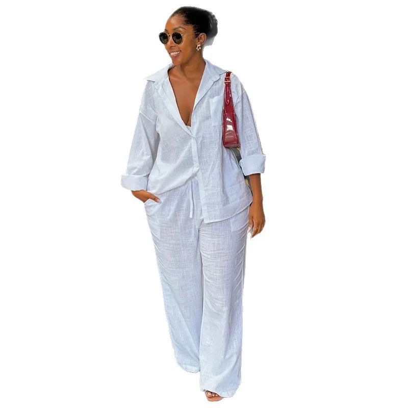 Button Long Sleeve Set Full Length Fresh and Sweet Style with Summer High Temperature Setting Autumn Shirt Long Pants Set Women
