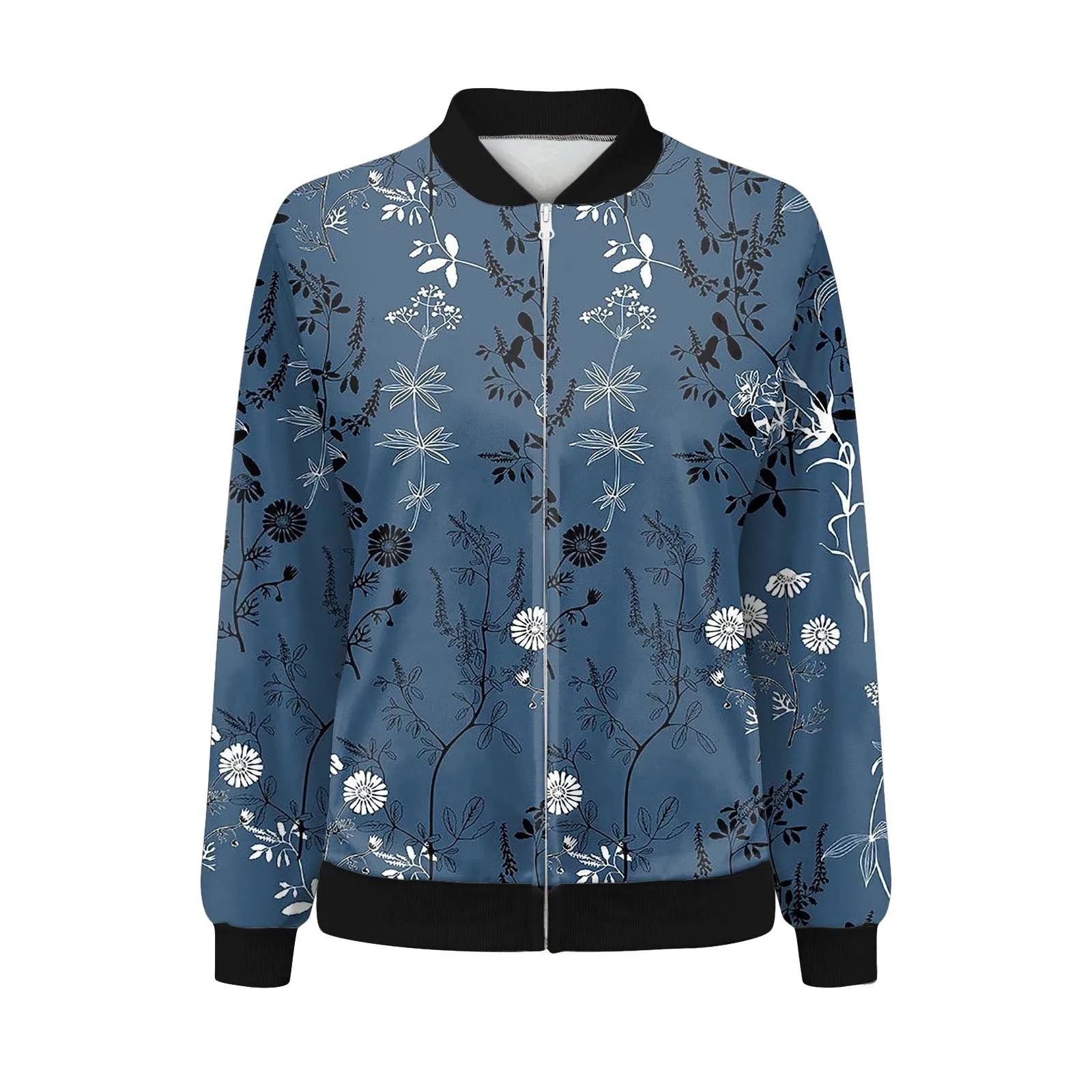 Women Flower Print Casual Zipper Jacket Long Sleeve Bomber Jacket Retro Street Sports Casaul Baseball Uniform Outwear Coats 2024