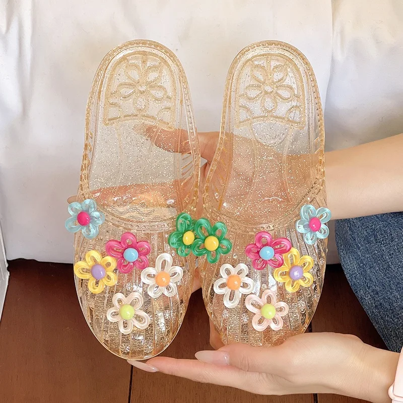 

Women Transparent Jelly Sandals Crystal Flat Slides Cute Flower Decoration Open Toe Beach Slippers Summer Casual Outdoor Shoes