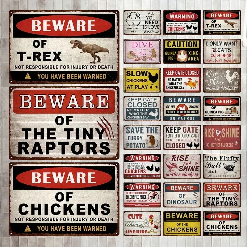 

Warning Vintage Sign Funny Bird of Prey Chicken Guinea Pig Metal Tin Signs For Courtyard Garden Farmhouse Home Decoration