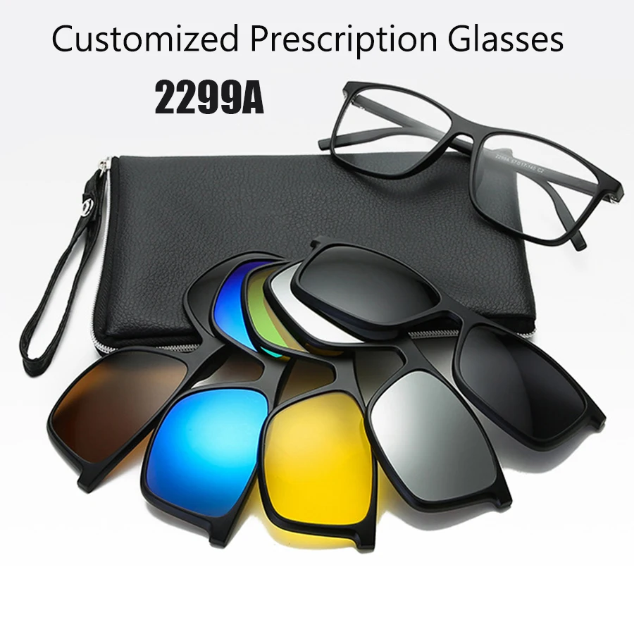 6 In 1 Customize Prescription Glasses Men Women Anti-Blue Light Myopia Hyperopia With 5 PCS Clip On Polarized Sunglasses 2299