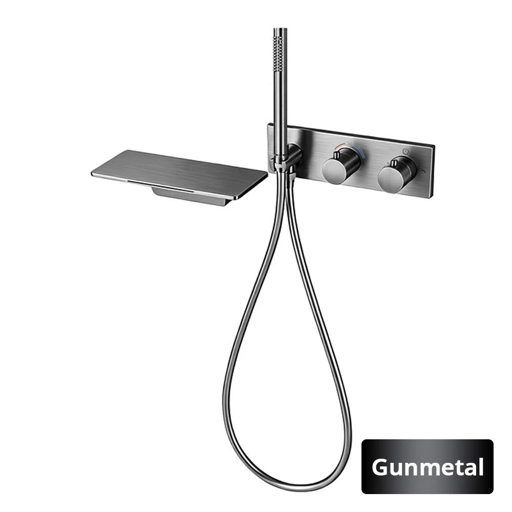 Gold Wall Mount Thermostatic Tub Faucet with Hand Shower Head, Waterfall Bathtub Faucet with Sprayer, Bath & Shower Faucet