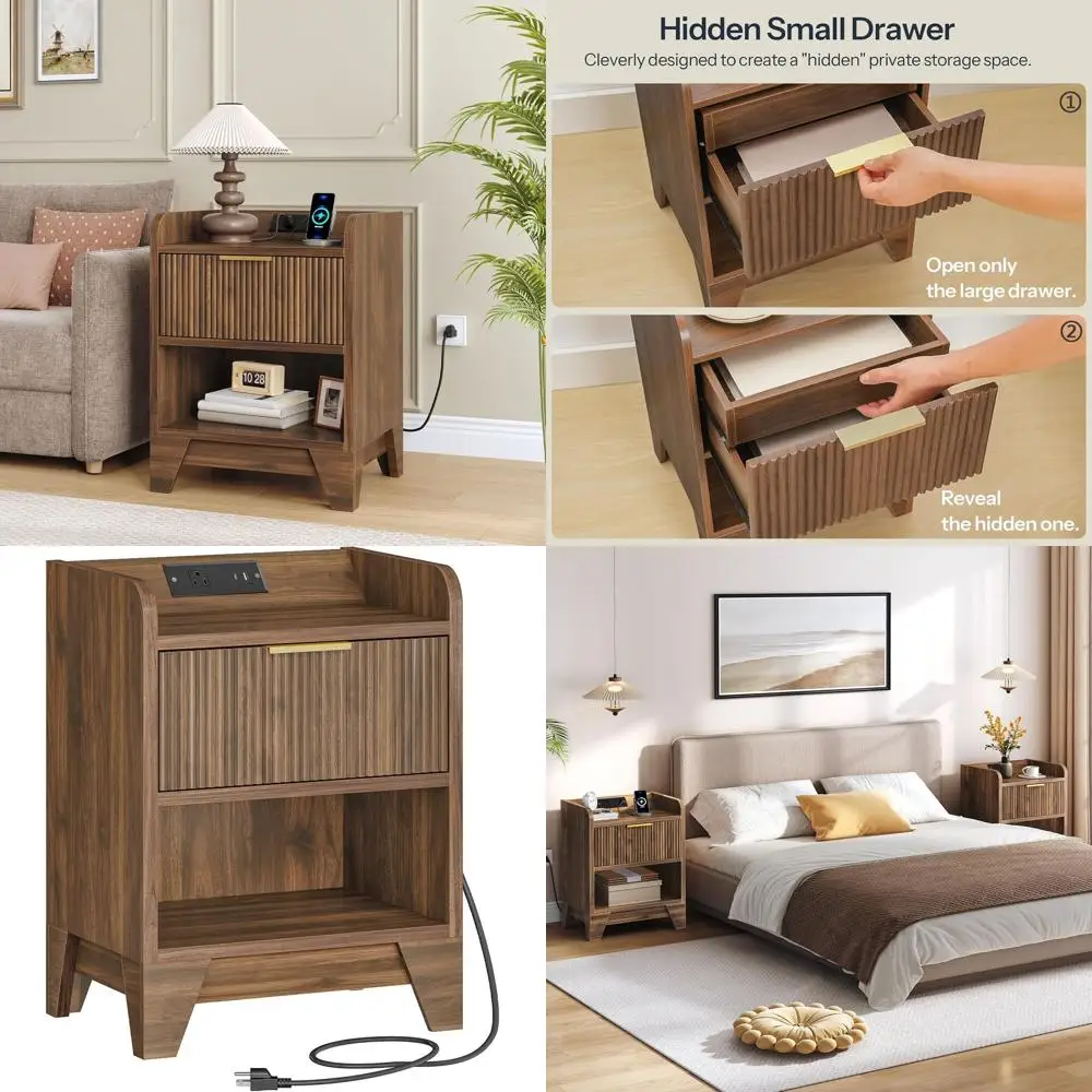 

Современная прикроватная тумбочка с рифленой отделкой, зарядной станцией и скрытым ящиком, из темного орехового дерева, для спальни и кабинета