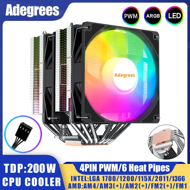 6 Heat Pipes ARGB CPU Cooler 4PIN PWM 120mm CPU Processor Fan For Intel LGA 1150 1151 1155 1200 1366 1700 2011 X79 X99 AM4 AM5