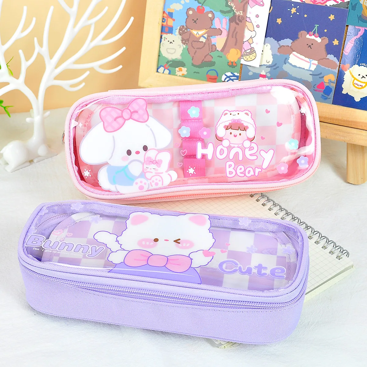 

Cute 3 Layer Large Capacity Pencil Bag Stationery Aesthetic Clear Grid Pencil Case Girl Zipper Pencil Bag School Supplies