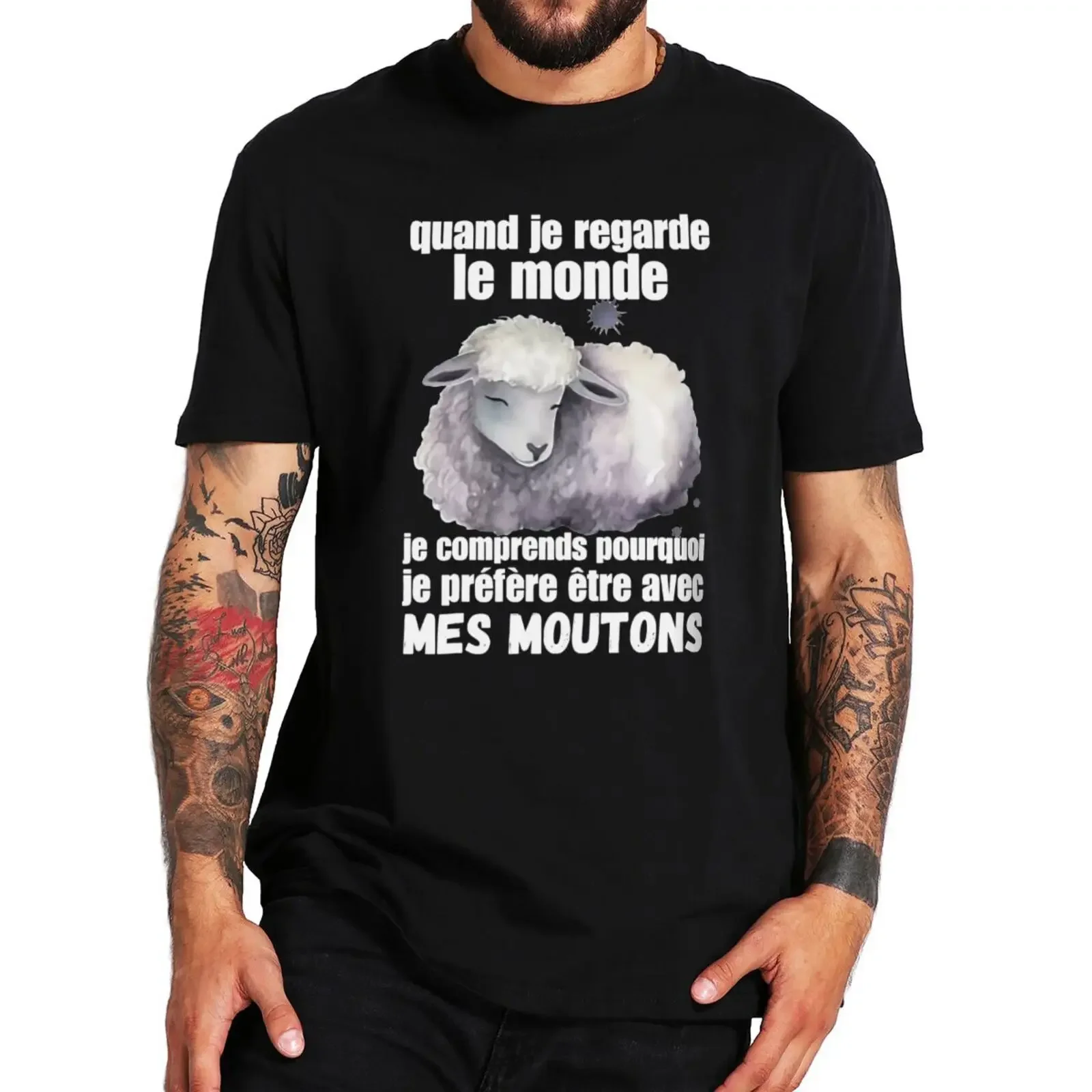 

French Quotes Sheeps Lovers Gift Short Sleeve 100% Cotton Unisex T-shirts EU Size I Prefer To Be With My Sheep T Shirt