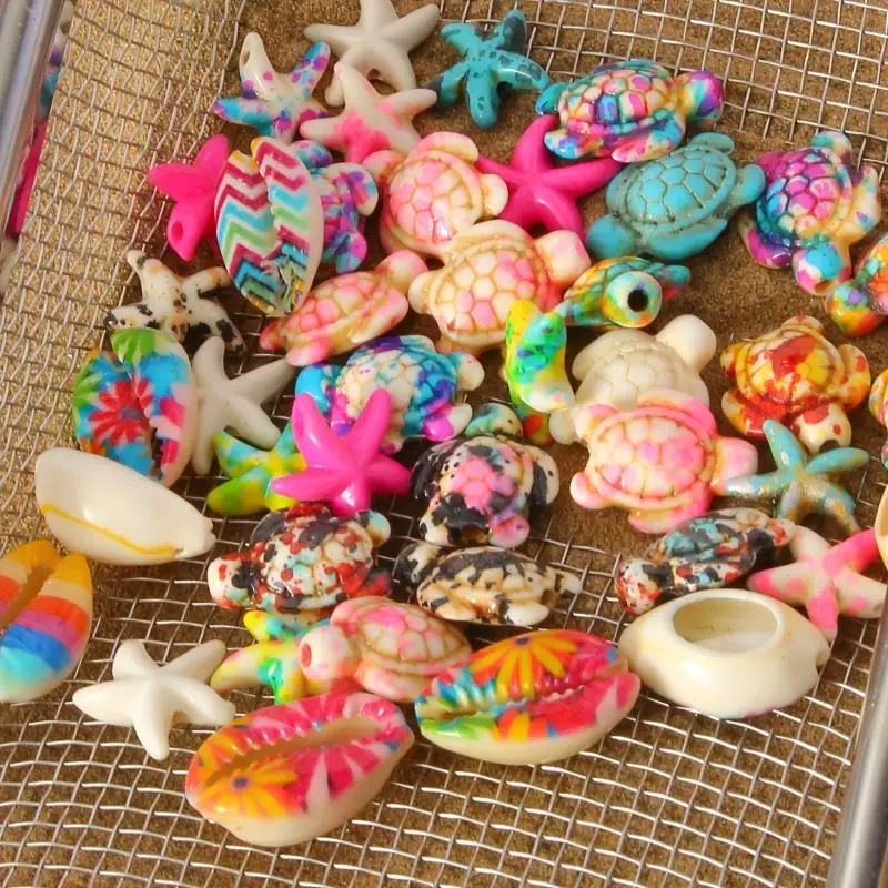 28Pcs Colorful Ocean Resin Beads Cute Turtle Starfish Shell Patterns for DIY Jewelry Making Holiday Craft Activities