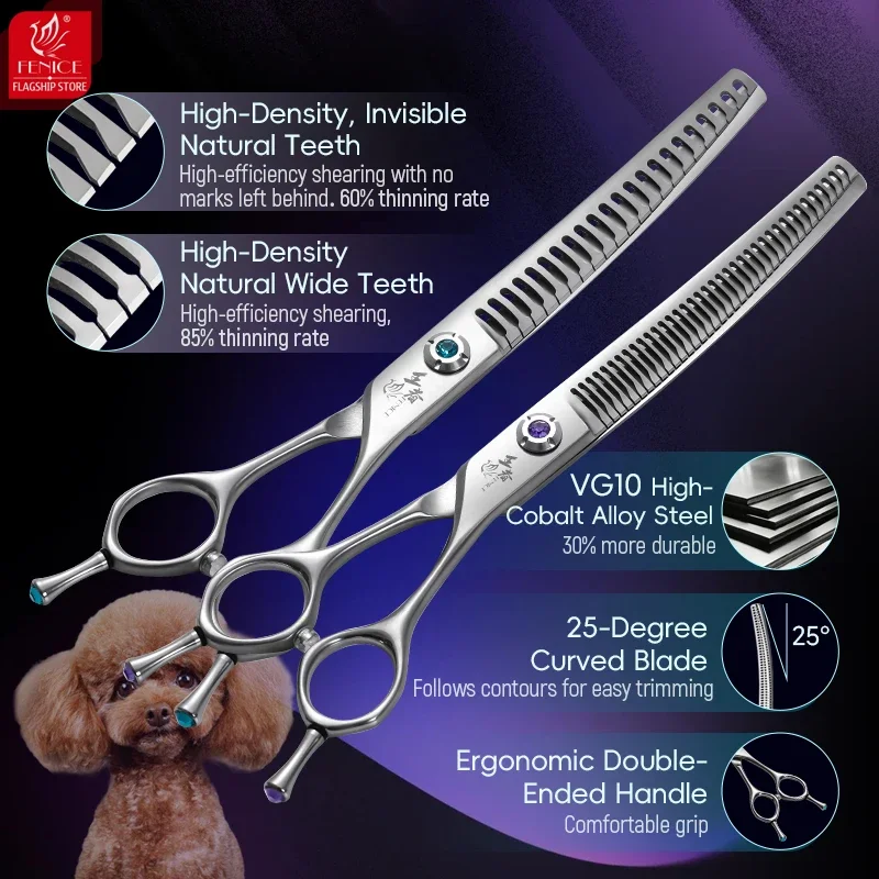 Fenice King Series 7 Inch VG10 Dog Grooming Equipment Scissors Up Bend Curved Chunker Natural Fluffy Shears Pet Beauty Groomer