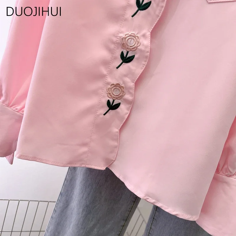 DUOJIHUI bahar pembe Chic çiçek düğmesi tatlı gevşek kadın gömlek yeni Vintage katı renk moda basit rahat S-XL kadın gömlek