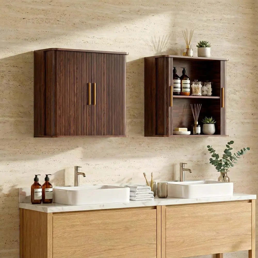 60 W Laundry Room Wall Cabinet with Fluted Sliding Door, Bathroom Medicine Cabinet with Adjustable Shelf, Wall Mounted Storage