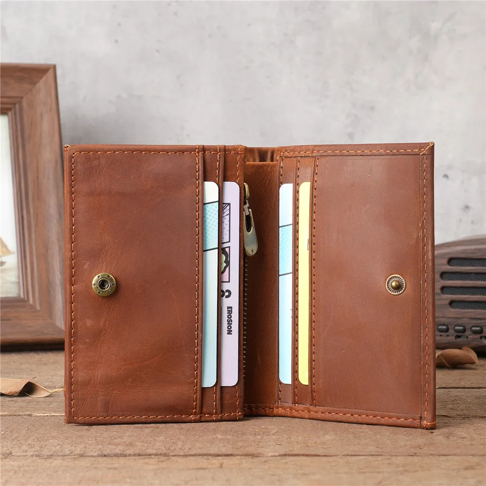 Real Leather Men's Bifold Wallet Slim Minimalist Zipper Pocket Money Clip Genuine Leather Wallets for Men with ID Window
