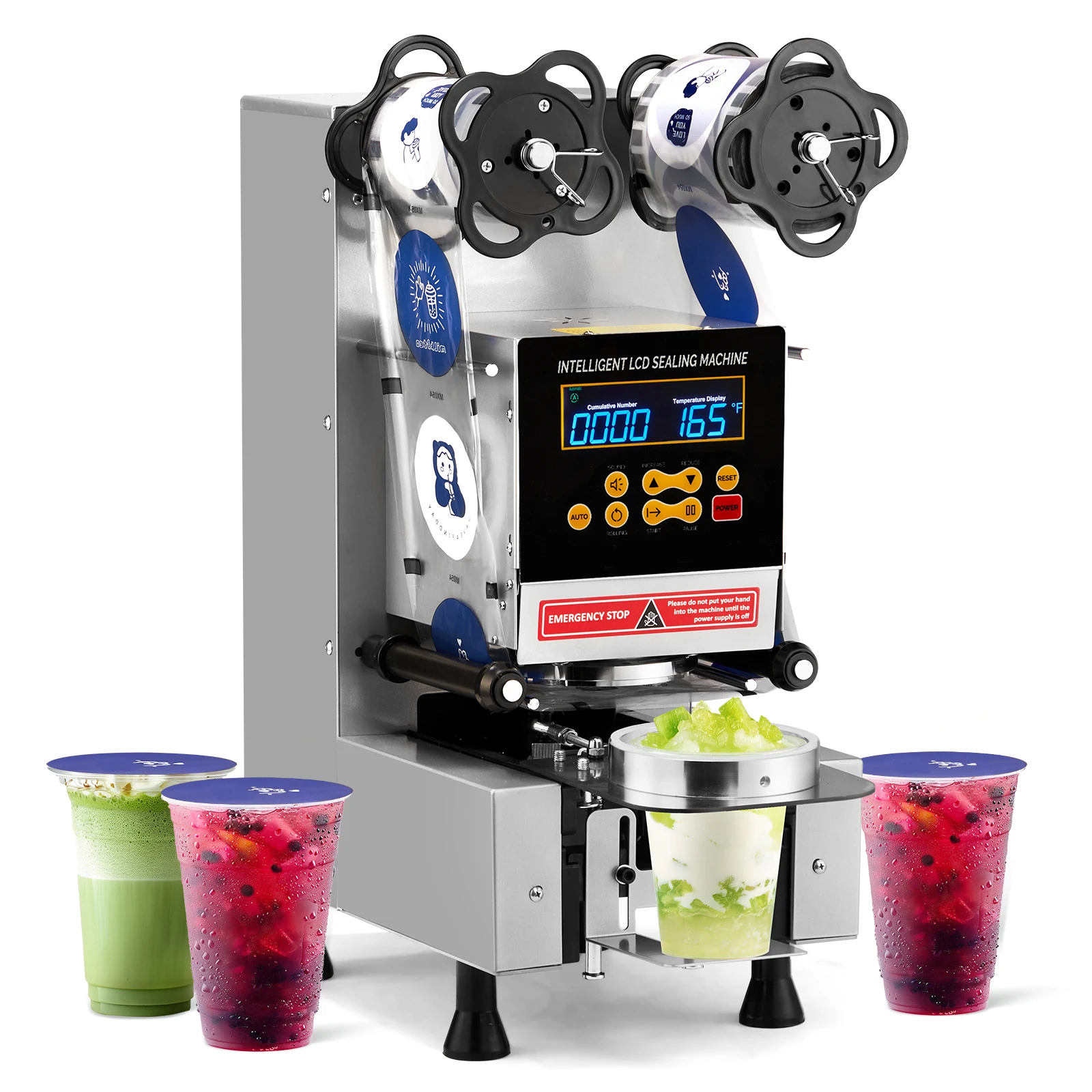 Máquina eléctrica para sellar tazas con pantalla LCD inteligente para café, té con leche y burbujas, 500-650 tazas/H, taza de 88/89/90/95 mm, plateada