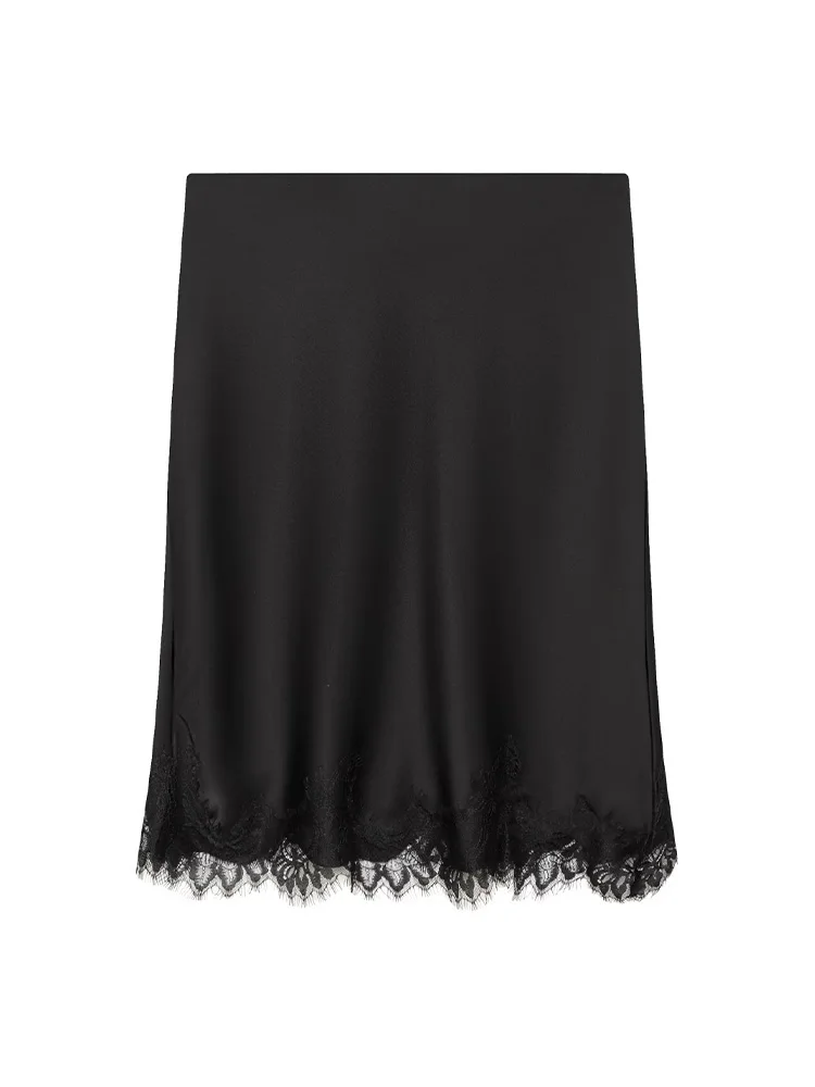HH Women Spring Fashion Lace Hem Midi Skirt High Waist Streetwear Satin Texture Female Solid 2-Color Midi A-Line Skirt Mujer