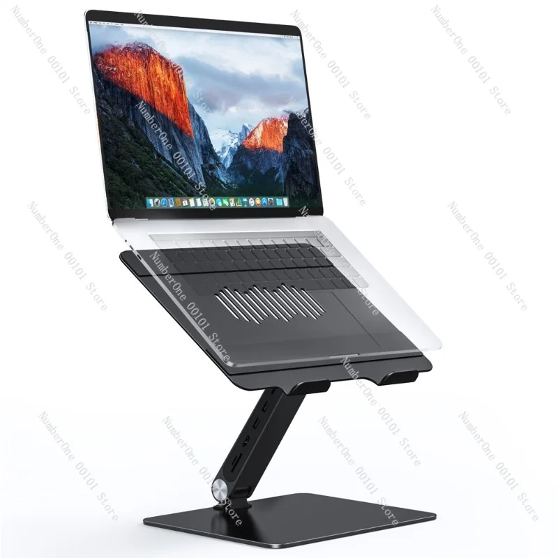 Aluminum Alloy Laptop Stand with 6 in 1 Docking Station Foldable Heightened Notebook Riser Wireless Charging Phone Holder