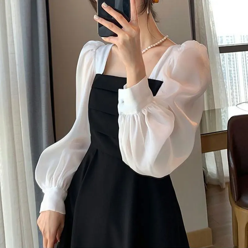 

Vintage Square Collar Midi Dress Women's Clothing Fashionable Patchwork Spring Autumn French Style A-Line Elegant Folds Dresses