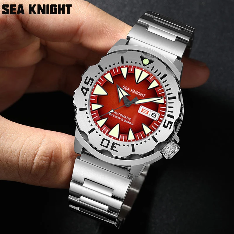 SEA KNIGHT Monster V2 Men Diver Watch NH36 Automatic Mechanical Sapphire 200M Waterproof Red Dial Stainless Steel Men Wristwatch