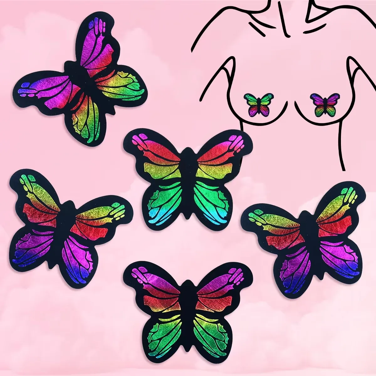 

Girls Sexy Shiny Boobs Nipple Cover Black Laser Hot Gold Butterfly Disposable Breast Patch Satin Cloth Chest Sticker For Women