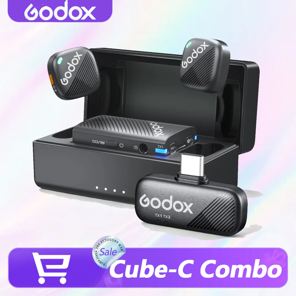 

Godox Cube-C Combo Wireless Lavalier Microphone for Camera Interviewing iPhone15&16 Android PC with 300m Transmitting Range