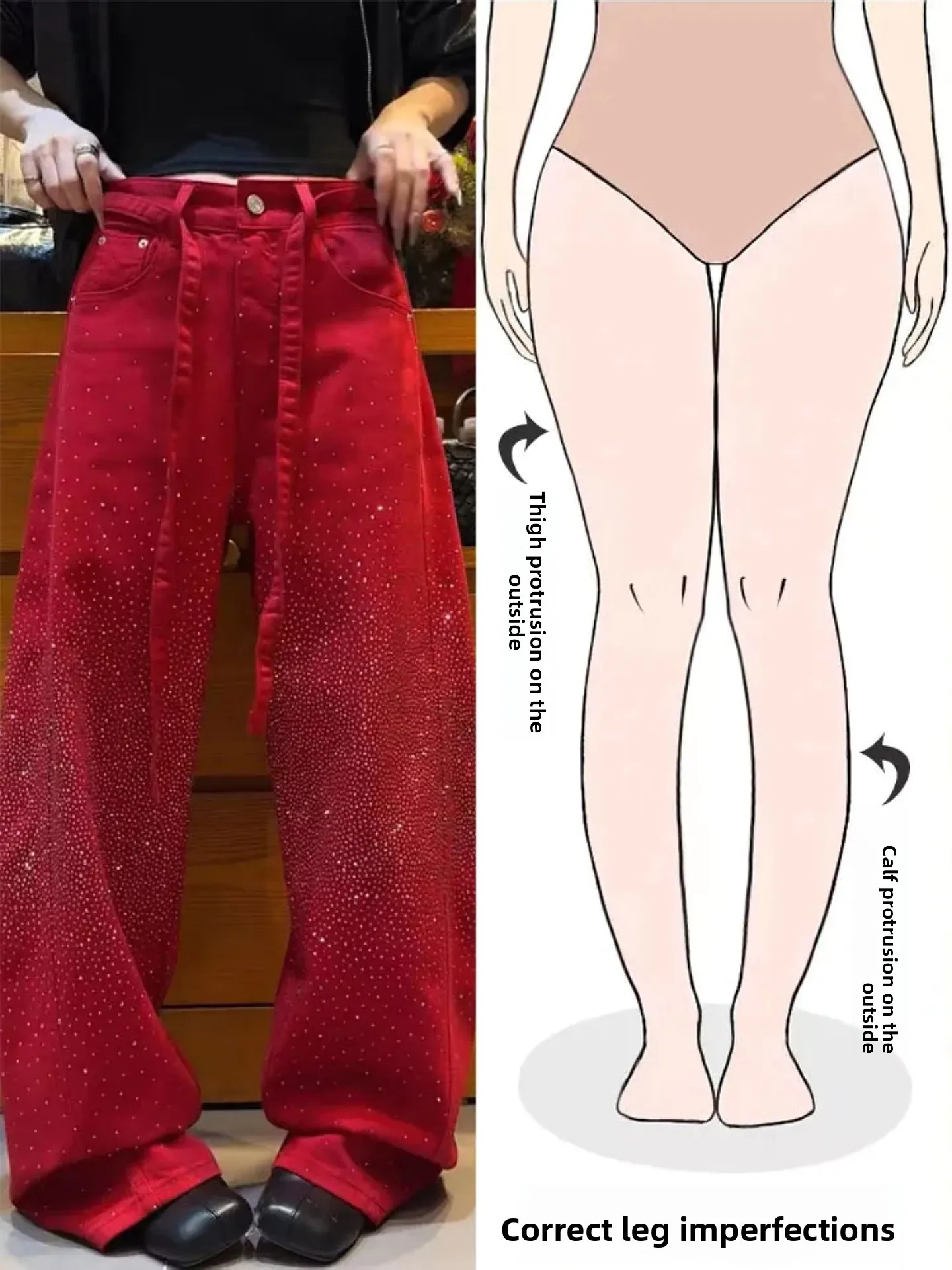 

Ретро-джинсы с красными стразами в американском стиле, женские, весенние, новые, уличные, универсальные, прямые, для фигуры типа «груша», размер L