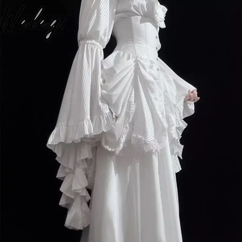 

Lolita White Top and Skirt Full Set Goth Pure Black Jersey Sleeve Ruffled Shirt for Women Slim Daily Sk Fishbone Skirts 2 Pieces