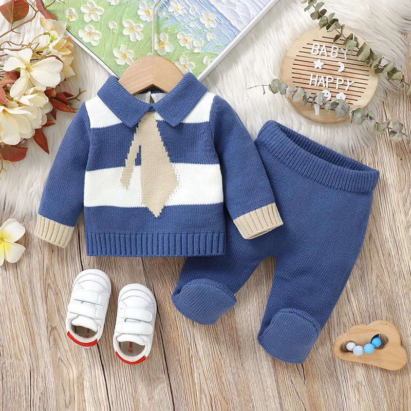 Newborn Baby Clothes Sets Knitted Kid Pullover Trousers Fashion Striped 0-9M Infant Boy Sweater Long Sleeve Pants Foot Wrap Warm