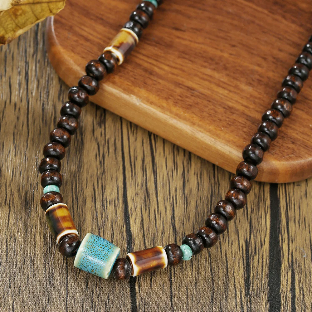 1PC Men's Retro Ethnic Long Wooden Beaded Necklacefor Men Bohemia Ceramic Beads Necklace Man Jewelry - view 2