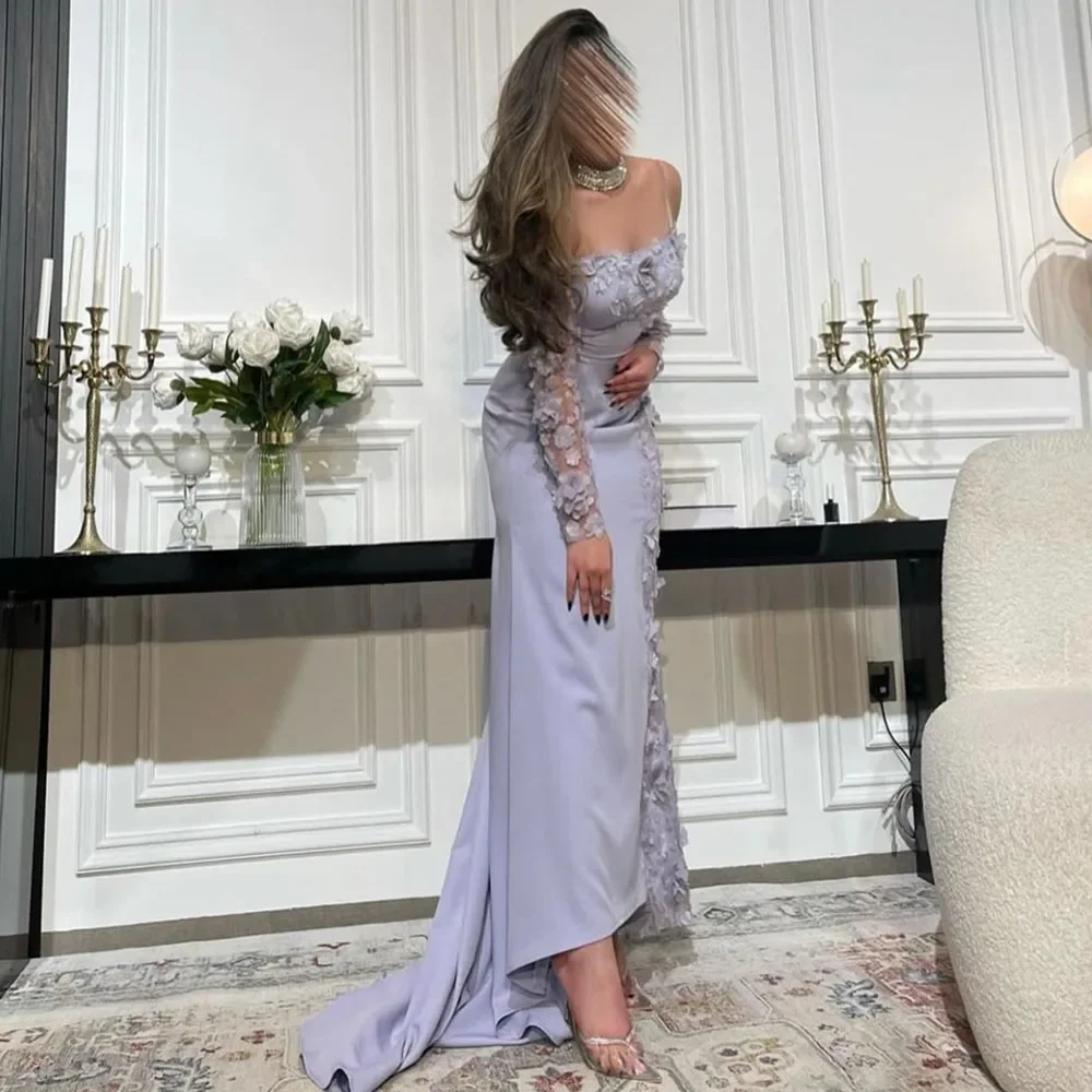 Customized Prom Gown For Women Luxury 3D Appliques Ankle-Length Sweep Train Full Sleeves Evening Party Dresses فساتين للحفلات ال