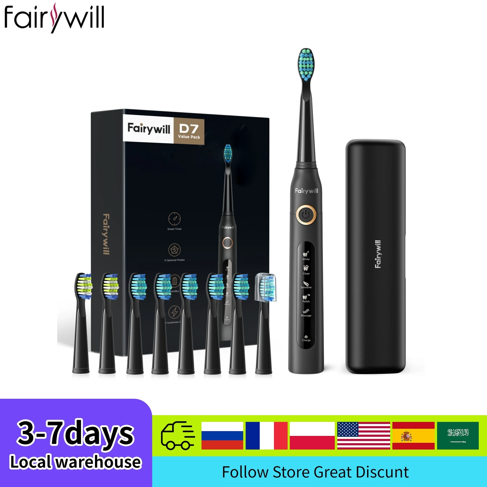Fairywill FW507 Sonic Electric Toothbrushes for Adults Kids 5 Modes Smart Timer Rechargeable 8 Super Whitening Toothbrush Heads