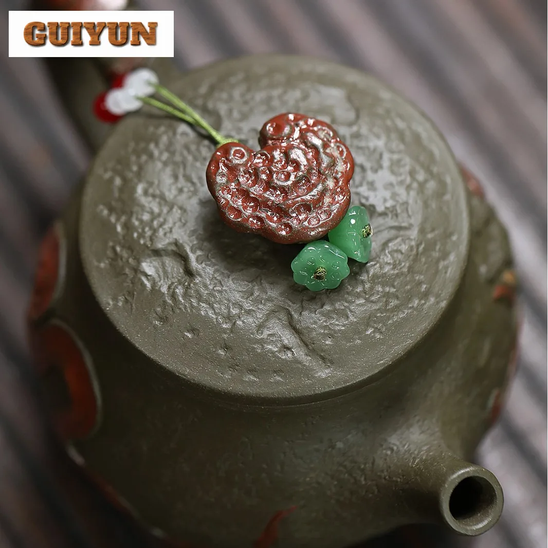 340ml Yixing Purple Clay Teapot Handmade Auspicious Beast Large Caliber Pot Raw Ore Dark Green Mud Kettle With Infuser Zisha Tea