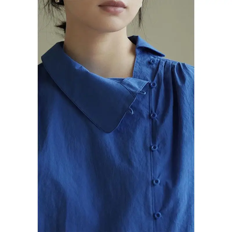 New Spring and Autumn Klein Color Paper-sensory Cotton Oblique Placket Shirt Asymmetrical Long-sleeved Shirt for Women