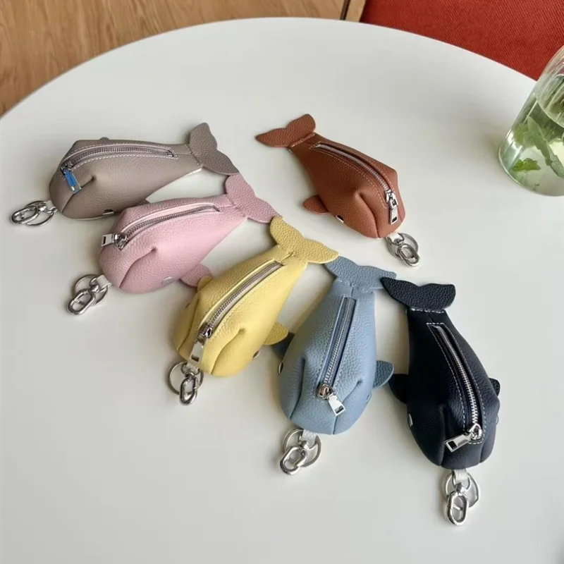 Leather Zipper Key Wallets Cowhide Purple Coin Organizer Change Holder Whale Shaped Keychain Coin Purse for Men & Women