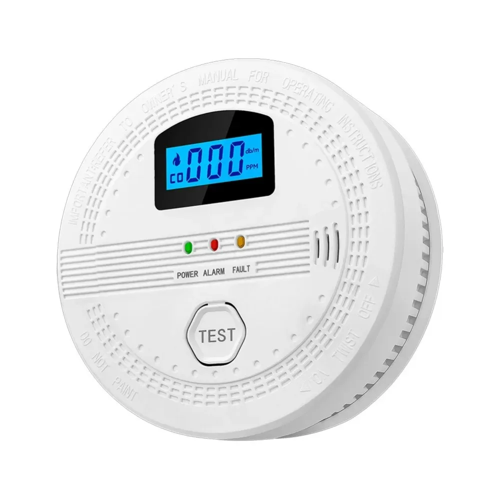 Display digitale LCD Rilevatore di fumo CO 2 in 1 Allarme acustico Indicatore LED Allarme fuoco CO Alimentato a batteria Wireless