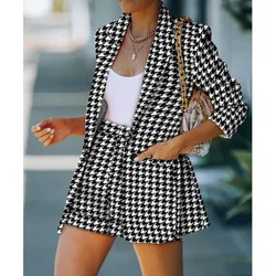 Spring Autumn New Printed Plaid Long-sleeved Suit Women Fashion Slim Pocket Solid Color Blazer Shorts Female Office 2 Piece Set