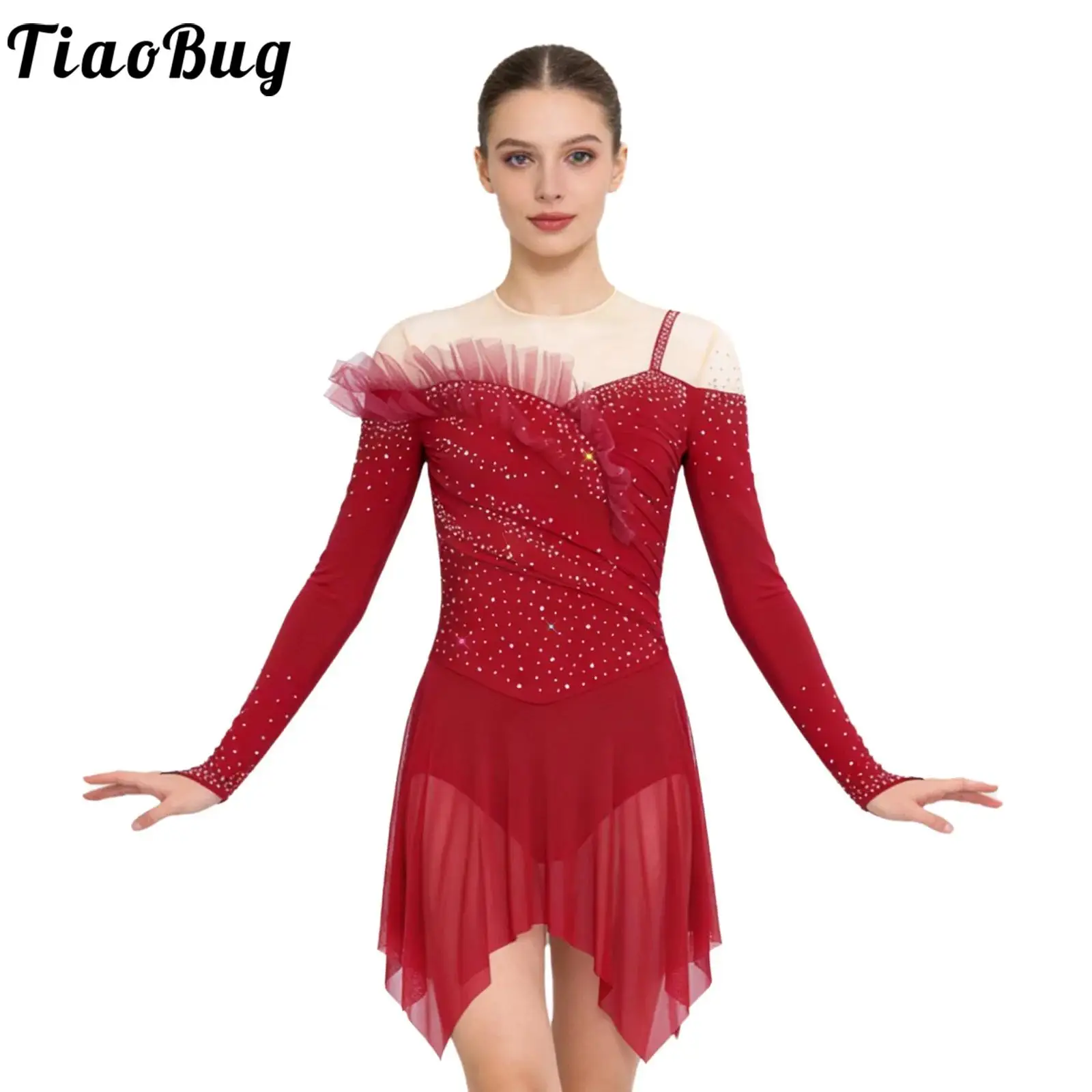 

Women Leotards Figure Skating Dress Long Sleeves Rhinestones Tulle Dress with Buttons Crotch for Latin Ballet Modern Dancewear