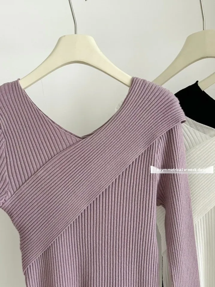 

Slim Fit V-Ne Knitwear Women's Overhead Sle for Autumn Season Simple Versatile Inner Wear Base irt Top Design Sensibili