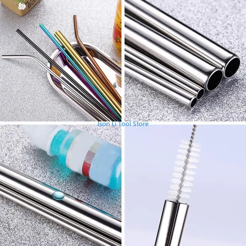 Y08D Metal Reusable 304 Stainless Steel Straws Straight Bent Drinking Straw With for Case Cleaning Brush Set Party Bar Access