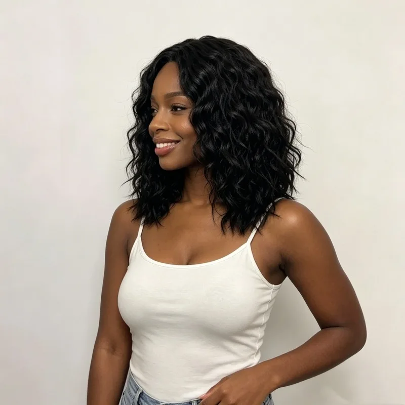 European and American fashion wigs, AliExpress water wave curly afro wig, black short fluffy synthetic fiber wig