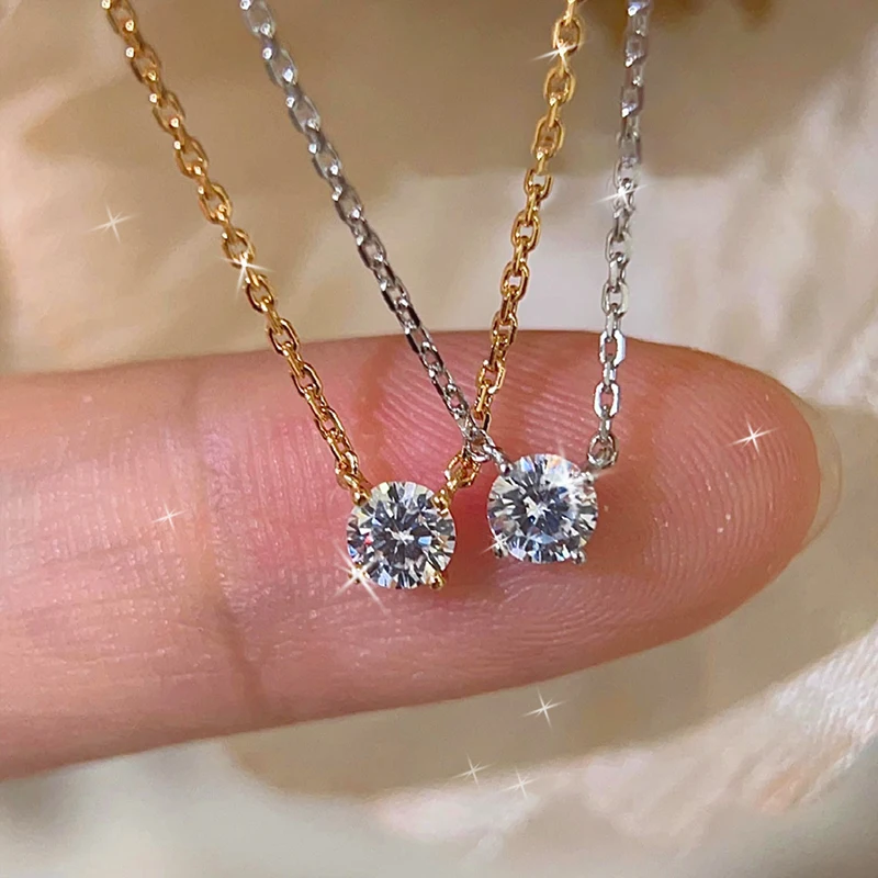 

OXTAO 925 Silver Jewelry Ladies Round Cut Moissanite Diamond Necklace 4mm/5mm Simple Four-claw Pendant Necklace Jewelry Gift