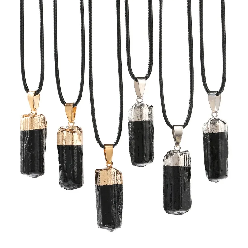 Black Tourmaline Stone Irregular Crystal Cylinder Pendant Gold Plated Wrapped Edge Charms DIY Jewelry Making