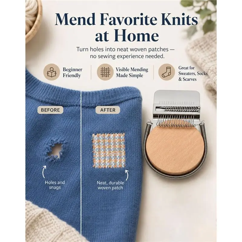 A21Q -Knit Patch Kit - Miniature Darning Looming Tool, Small Weaving Tool For Clothing Repair 14 Hooks Weaving Looming Tool