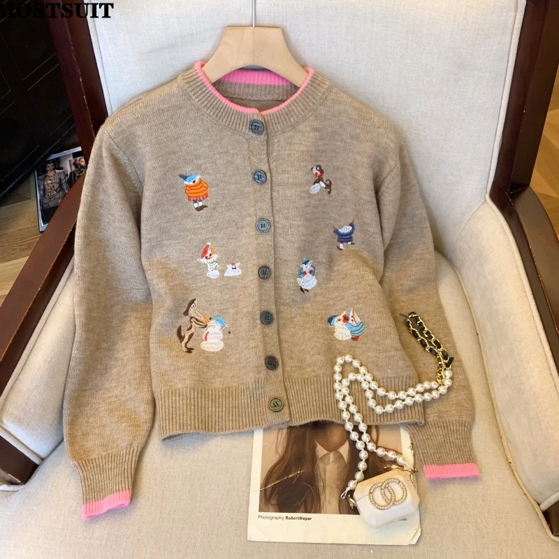 

Stylish Knitted Cardigan Sweater Women Autumn Winter Cartoon Embroidered Long Sleeve O-neck Jumpers Tops Coats 2025