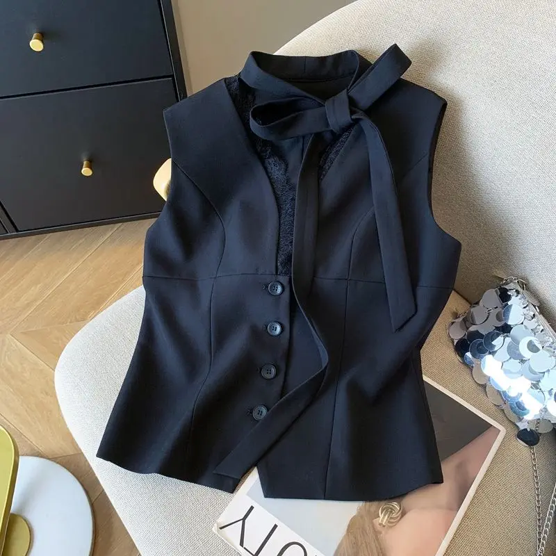 

Черный кружевной жилет с v-образным вырезом для женщин весной и летом, жилет без рукавов, жилет, жилет и топ-кардиган