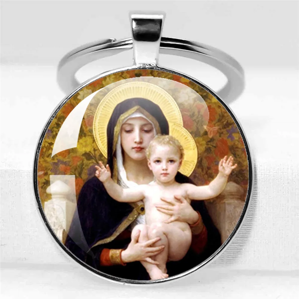 Virgin Mary Religious Glass Pendant Keychain Religious Faith Fashion Religious Keychain  Jewelry Charm Gifts